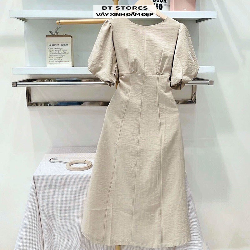 Đầm cổ tròn tay phồng may phối ly dọc thân chất vải linnen Vaco BT93