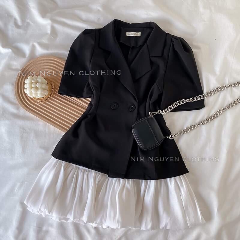 Set áo vest ngắn tay + chân váy voan tơ xòe bồng hàng Quảng Châu