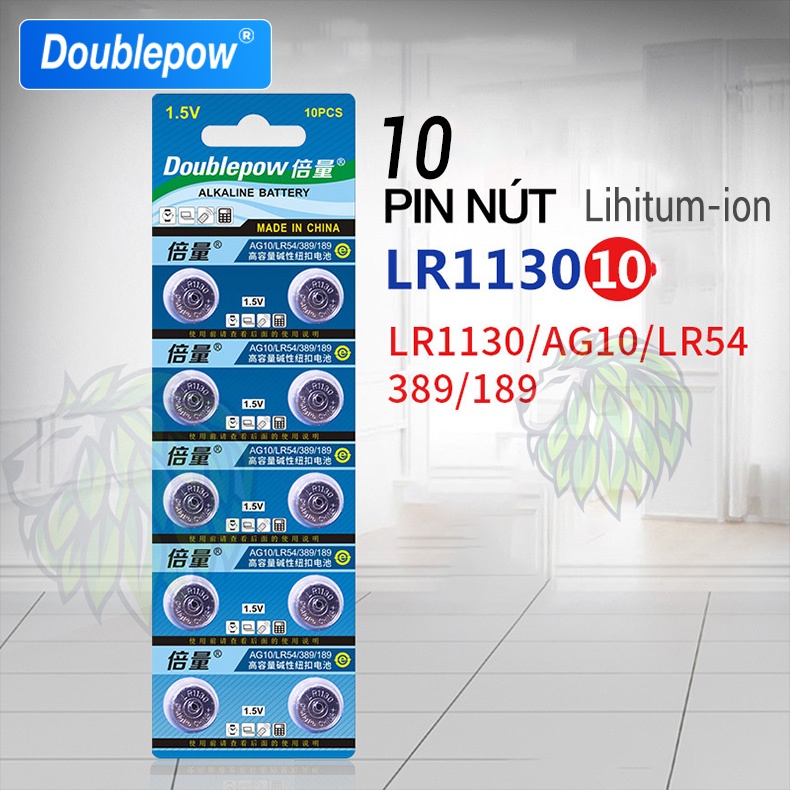 Vỉ 10 Pin Nút LR1130 AG10 LR54 389 189 Doublepow dung lượng cao Doublepow dùng cho cho đồng hồ kỹ thuật số