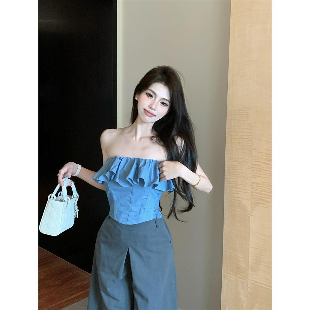 QADCOL Áo Croptop Hai Dây Nhún Bèo Phong Cách Pháp Thời Trang Mùa Hè Quyến Rũ Cho Nữ