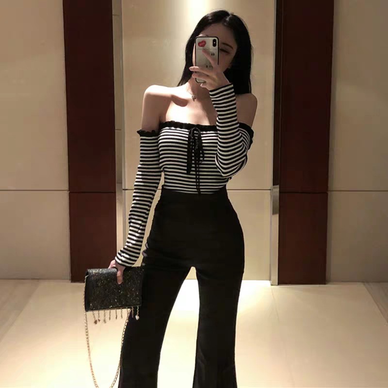 SET ÁO TRỄ VAI KẺ MIX CHÂN VÁY MIDI LEN TĂM