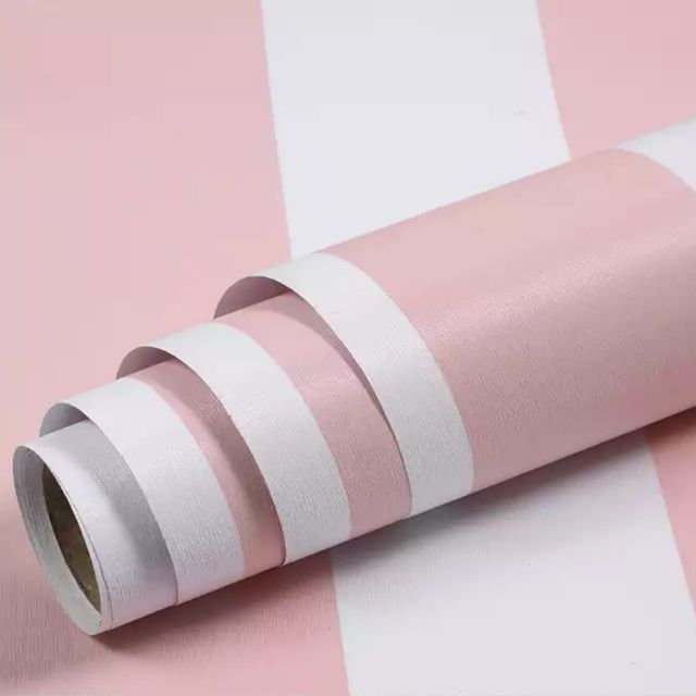 Giấy dán tường sọc trắng hồng khổ rộng 60cm loại dày
