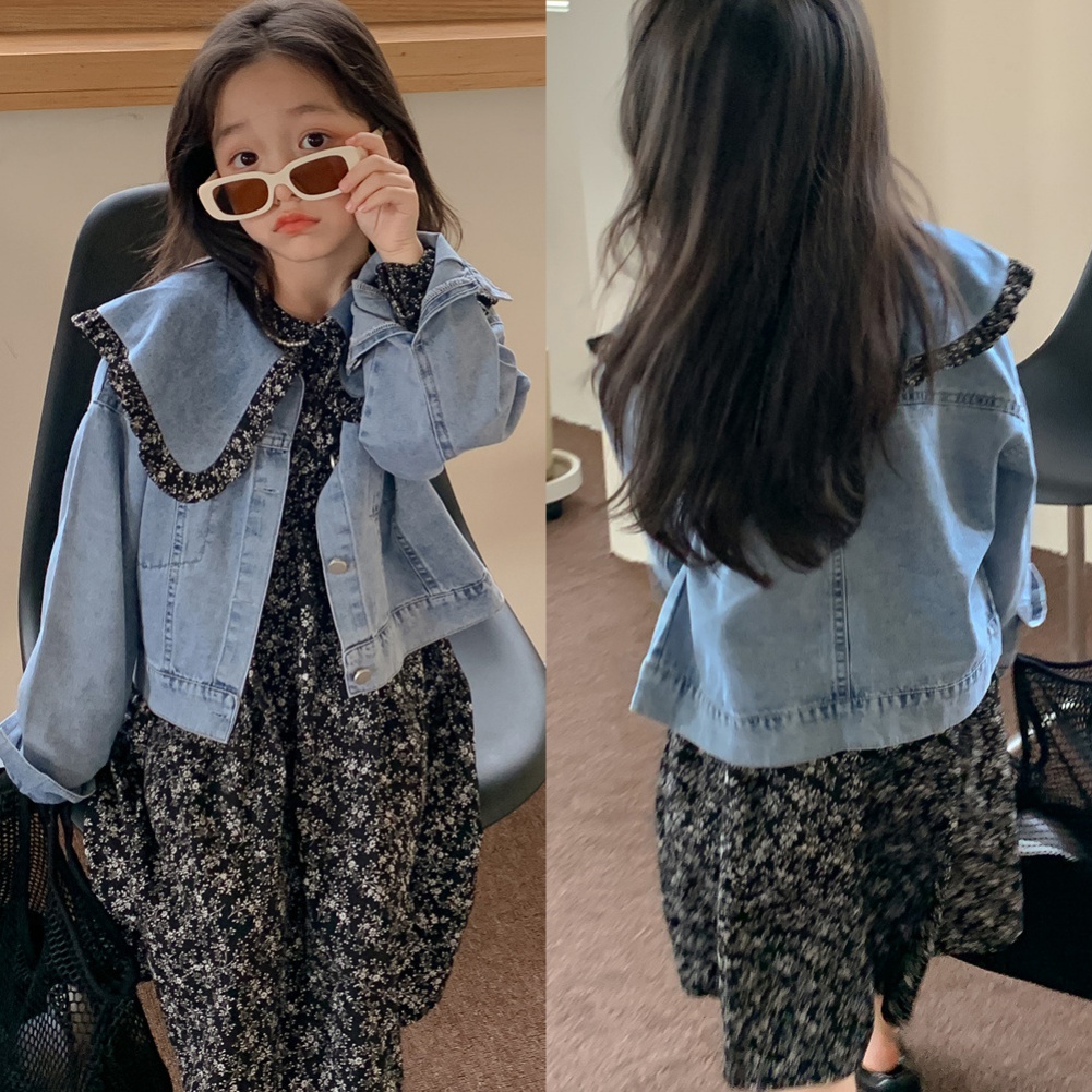 Bộ Áo Khoác Denim + Đầm Hoa Dễ Thương Phong Cách Hàn Quốc Thời Trang Mùa Thu Cho Bé Gái
