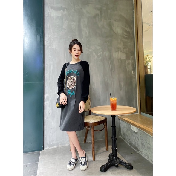 Váy Cotton Hoạ Tiết Phối Màu Dáng Suông Dài Tay Phom Rộng Bầu Bí Mặc Thoái Mái | BigBuy360 - bigbuy360.vn