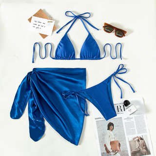 Set bikini 3 món xanh cobalt kèm khăn hông