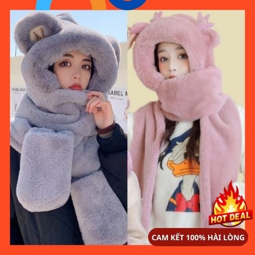 Mũ Lông Tai Gấu Kèm Khăn Quàng Cổ , Găng Tay 3In1 Ấm Áp Dễ Thương Hàn Quốc Hana