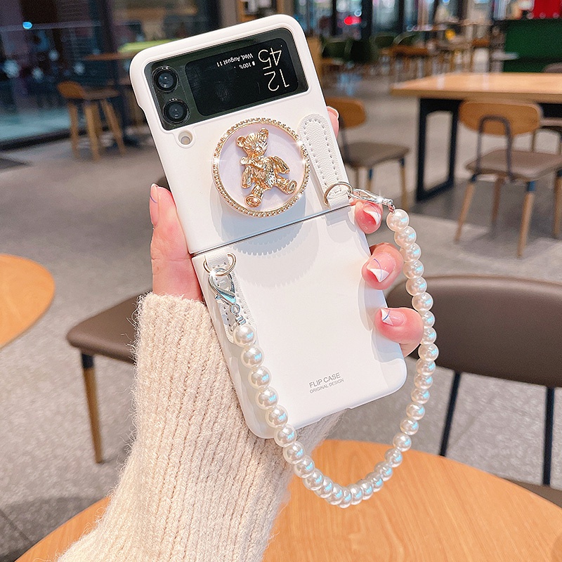 Bao Da Điện Thoại Nắp Gập Mặt Nhám Kèm Dây Đeo Tay Hình Gấu Dễ Thương Cho samsung galaxy z flip 5 4 3 5g flip4 flip3 Ốp