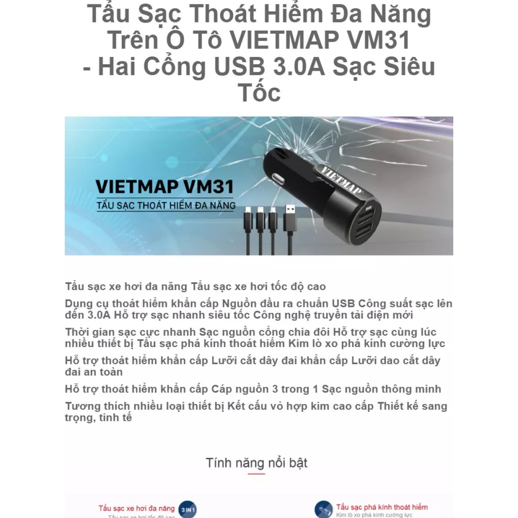 Tẩu Sạc Thoát Hiểm Trên Ô Tô VIETMAP VM31 - Hai Cổng USB 3.0A