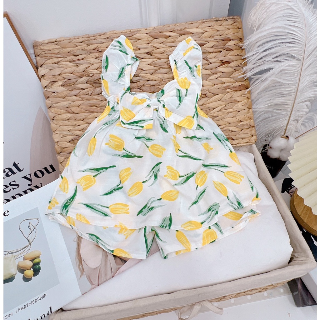 XẢ HÀNG Bộ cộc tay bé gái, bộ đũi áo cánh tiên hoa Tuylip nơ trước ngực cho bé