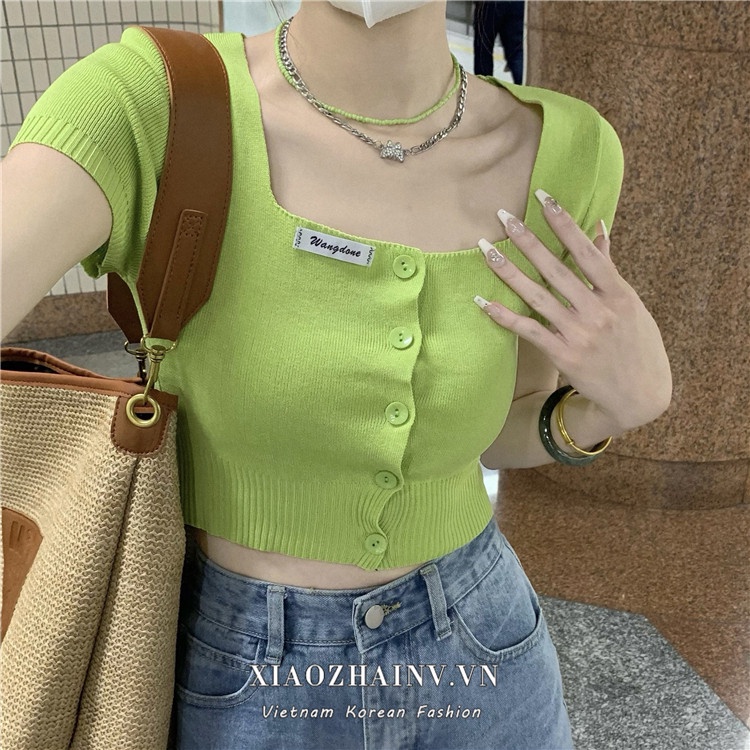 Xiaozhainv Áo sweater Croptop Cổ Vuông Kiểu Hàn Quốc Thiết Kế Quyến Rũ Cho Nữ