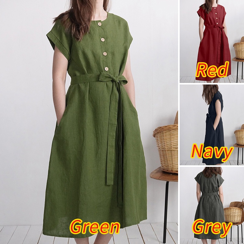 Đầm tay ngắn ZANZEA cổ tròn màu trơn phối thắt lưng thiết kế đơn giản cho nữ