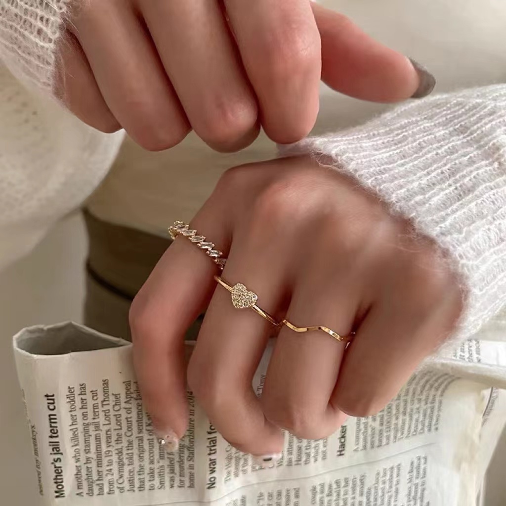 Bộ Ba Nhẫn Đeo Ngón Tay Đính Đá Zircon Tinh Xảo Hợp Thời Trang Cá Tính Có Thể Điều Chỉnh