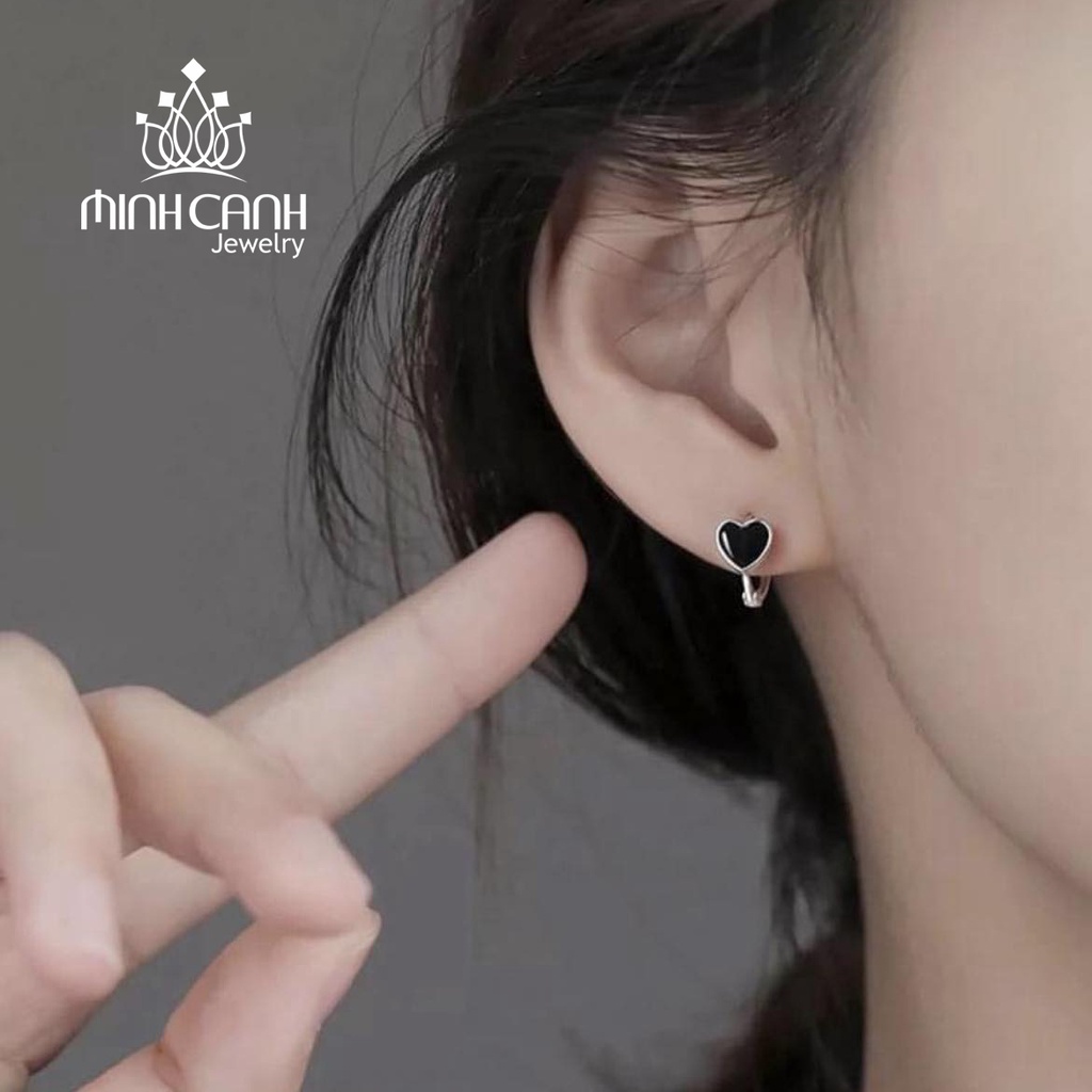 Bông Tai Bạc Khóa Bấm Trái Tim Đen Minh Canh Jewelry