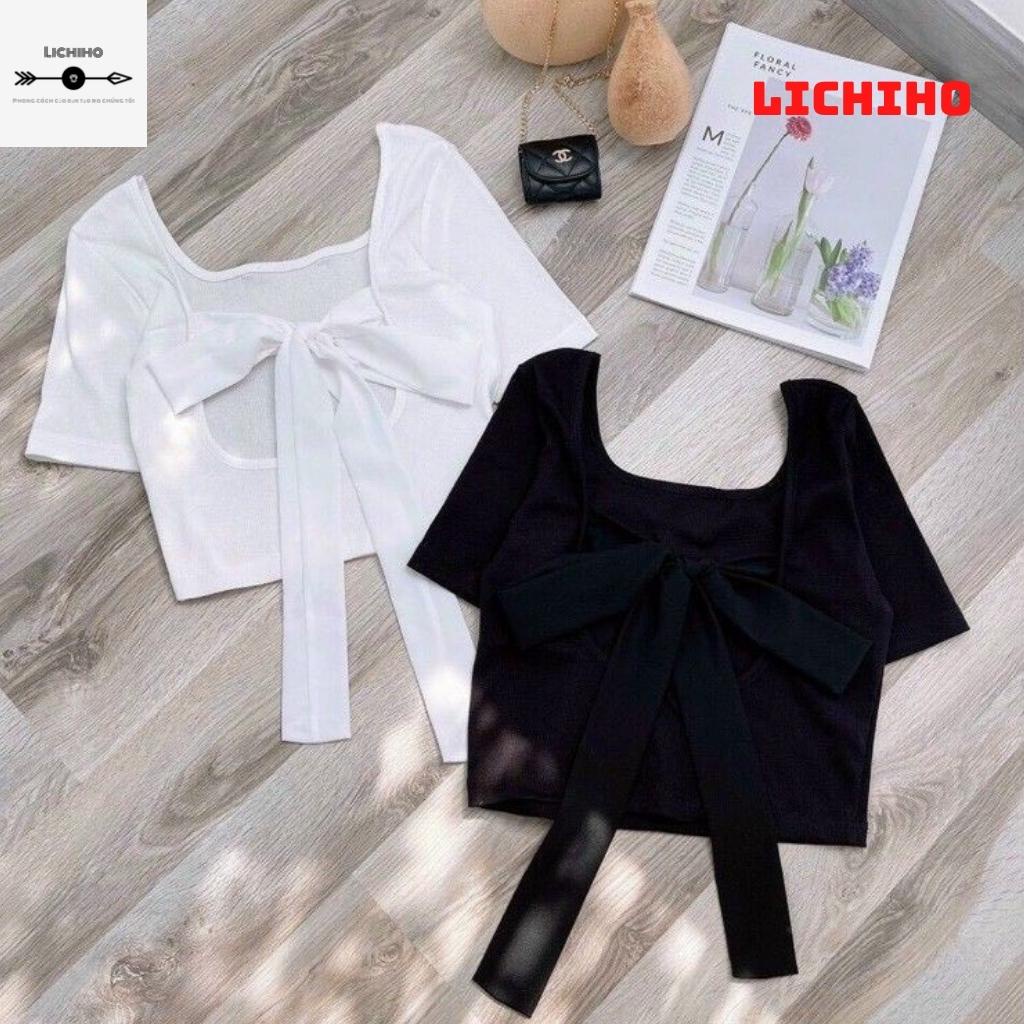 Áo croptop cổ vuông buộc nơ sau lưng CT10 LICHIHO áo thun nữ mềm mịn quyến rủ | BigBuy360 - bigbuy360.vn