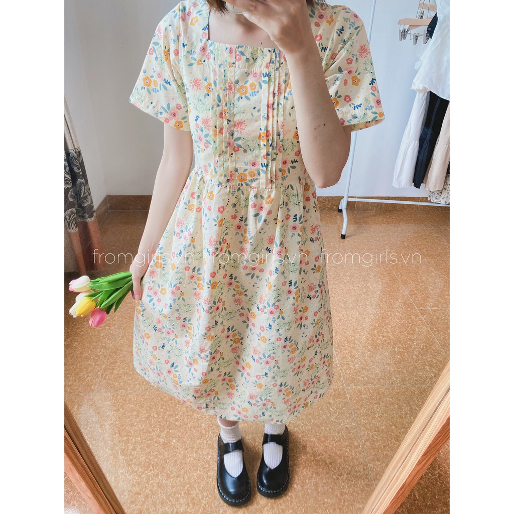 Váy hoa nhí cổ vuông, đầm hoa nhí xếp ly ngực basic có dây buộc sau lưng vintage - V22FG