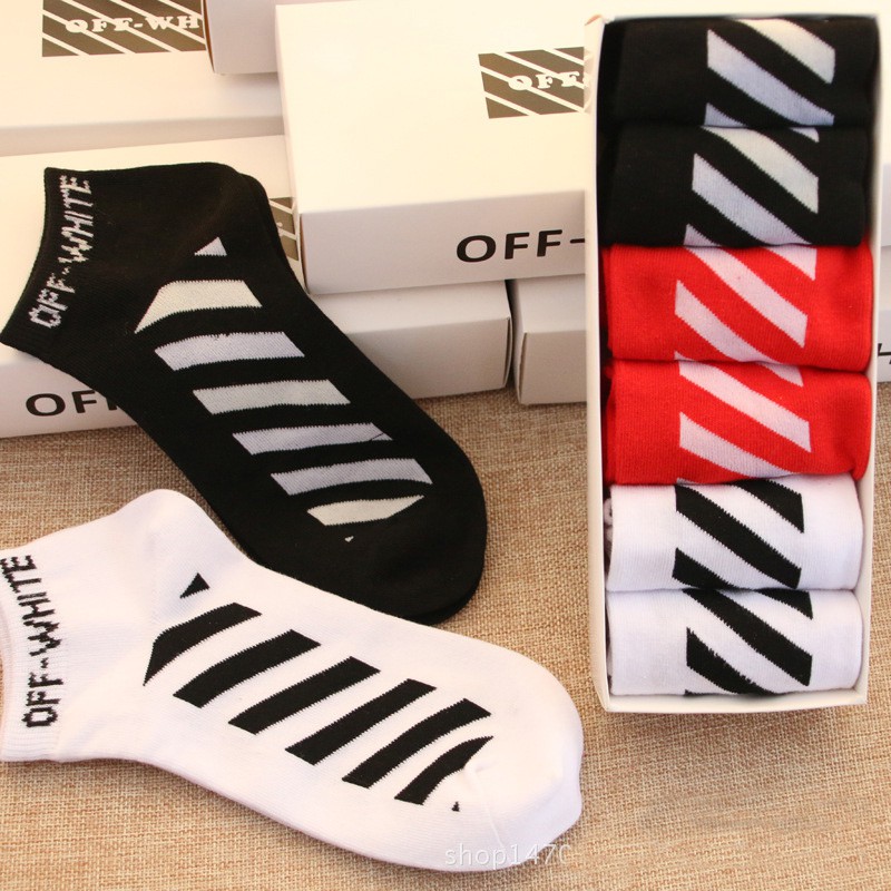Vớ cổ ngắn vải cotton họa tiết kẻ sọc màu trắng đen đỏ dành cho nam nữ