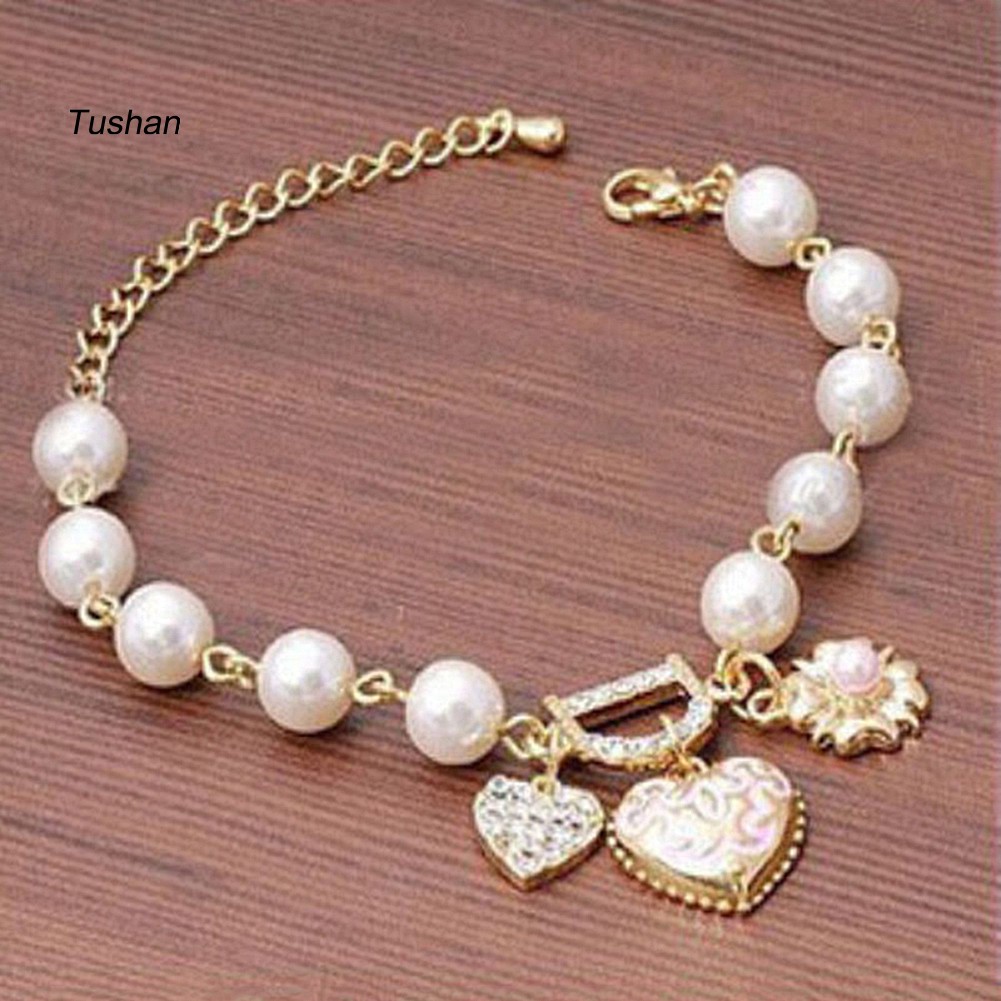 TUSH_Fashion Faux Pearl Rhinestone Love Heart Pendant Bracelet Jewelry Party Gift | BigBuy360 - bigbuy360.vn