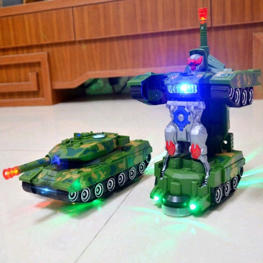 [Kèm 3 Pin AA] Đồ Chơi Trẻ Em Xe Tăng Biến Hình Robot Tự Động Có Đèn Và Nhạc Cho Bé