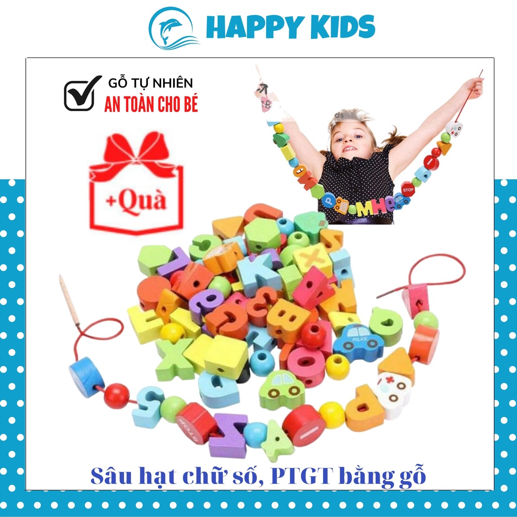 Đồ Chơi Gỗ Thông Minh Cho Bé xâu luồn hạt chữ số kèm phương tiện giao thông an toàn cho bé từ 3-6 tuổi HAPPY KIDS247