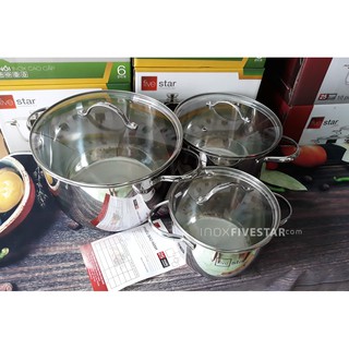 Bộ 3 Nồi Inox Cao Cấp Fivestar (Inox 304 - Thân Cao - Nắp Kính)