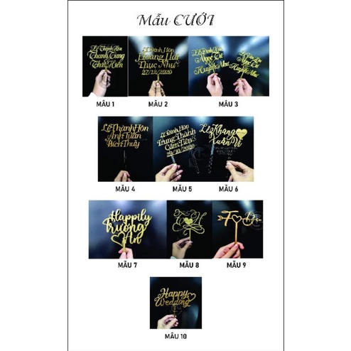 Que chữ mica cắm lên bánh kem và hoa đặt theo yêu cầu