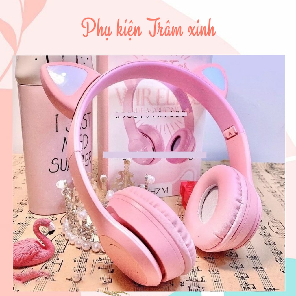 Tai nghe mèo bluetooth chụp tai cao cấp, Tai nghe mèo hồng dễ thương có micro đàm thoại, chơi game. Headphone phát sáng
