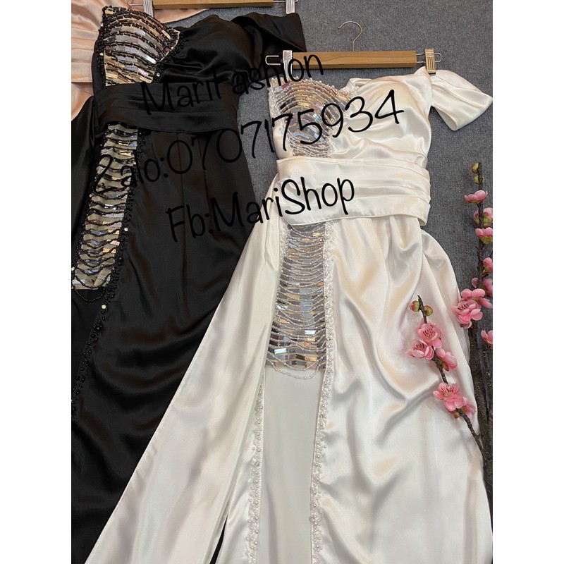 MARiVAN-Đầm dự tiệc body phi thun lụa kết mảnh kim bẹt vai xẻ đùi gợi cảm sang trọng.Ms244V