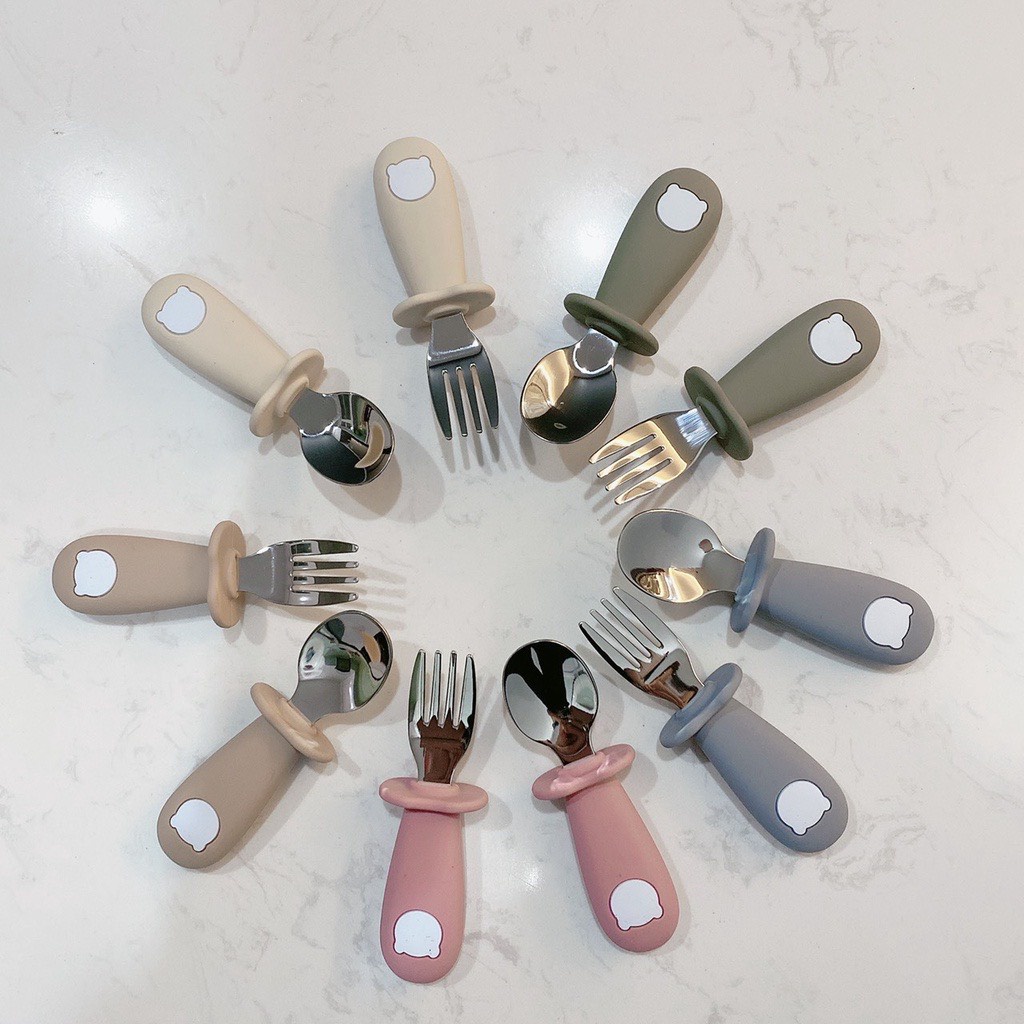Khay/ Dĩa / Bát / Chén / Set 2 muỗng nĩa ăn dặm silicon chia ngăn cho bé tập ăn dặm hình gấu Bar-Rot