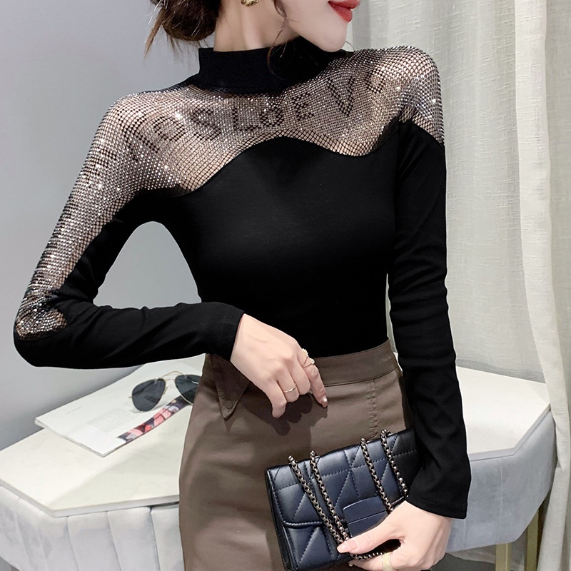 Áo thun dài tay dài tay chữ rỗng cổ cao thời trang mới chữ thời trang áo lưới dài tay Áo thun dài tay nữ