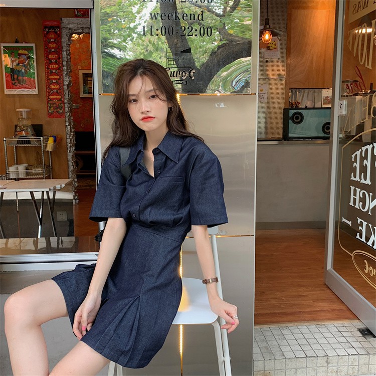 Đầm denim Thiết kế Ngắn tay Retro Xếp ly Mùa Hè Phong cách Hàn Quốc Váy Ngắn Xếp ly Denim Ulzzang Thời trang