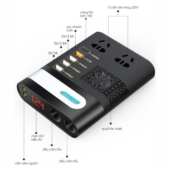 Bộ chuyển nguồn điện Adapter ô tô 12V/24V - 220V Bộ kích điện Adaptor cho xe hơi Biến áp nguồn xe ôtô đầu tẩu