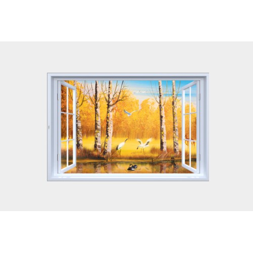 Decal trang trí khung cửa sổ 3D Cảnh Rừng Vàng