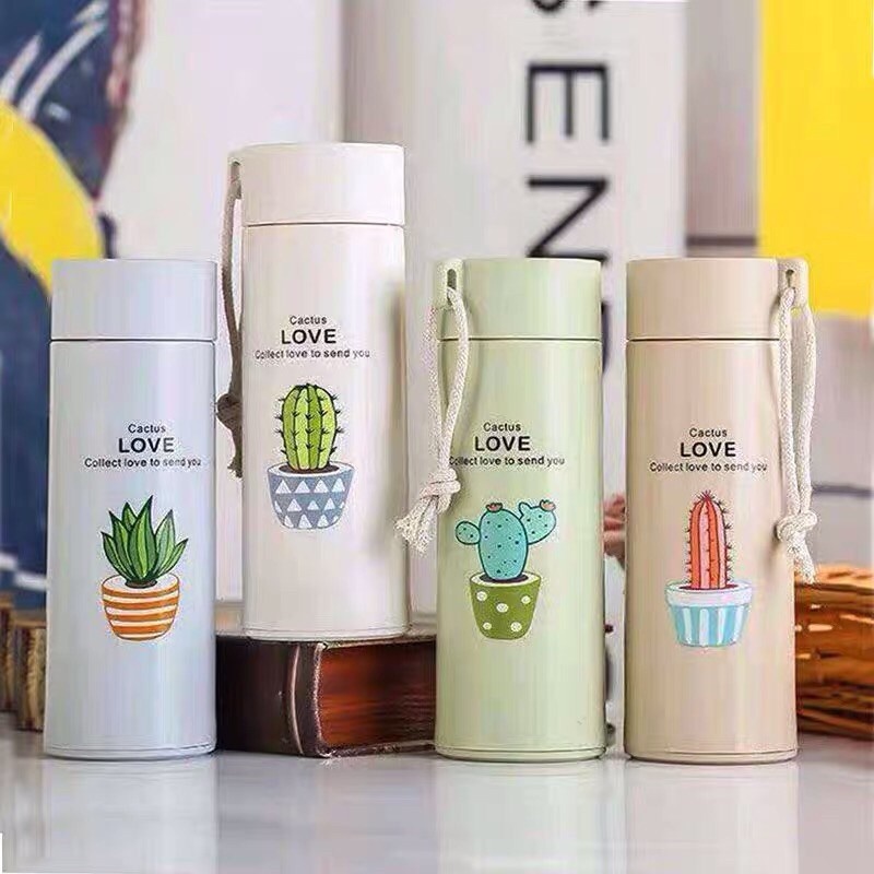 Bình Nước Thủy Tinh 450ml Bọc Nhựa Cách Nhiệt In Hình Cây Xương Rồng Dễ Thương