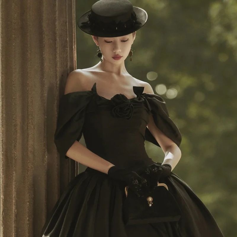 Mũ Lưới Satin Màu Đen Phối Hoa Đơn Giản Phong Cách Pháp Cổ Điển Cho Cô Dâu