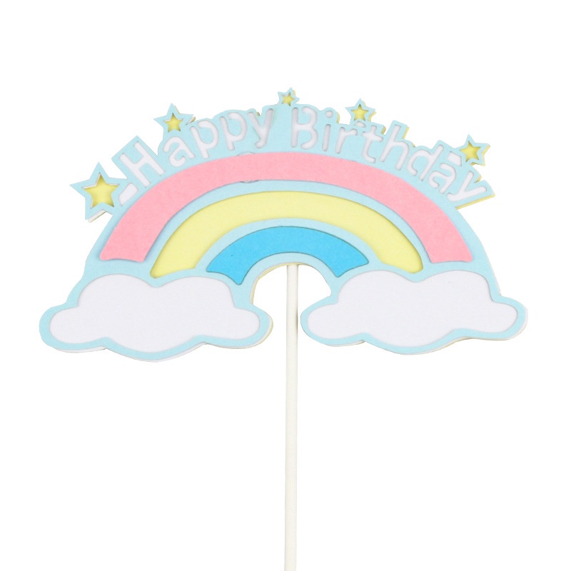 Phụ kiện cắm trang trí bánh kem hình cầu vồng và đám mây với chữ Happy Birthday xinh xắn