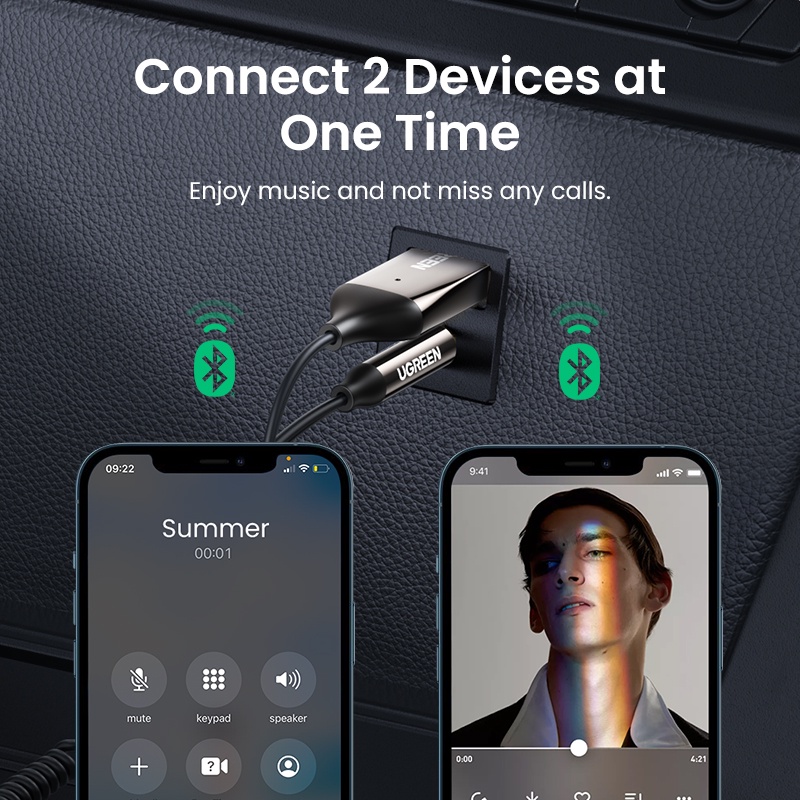 Thiết bị nhận tín hiệu âm thanh bluetooth 5.0 UGREEN có giắc cắm 3.5mm cho xe hơi