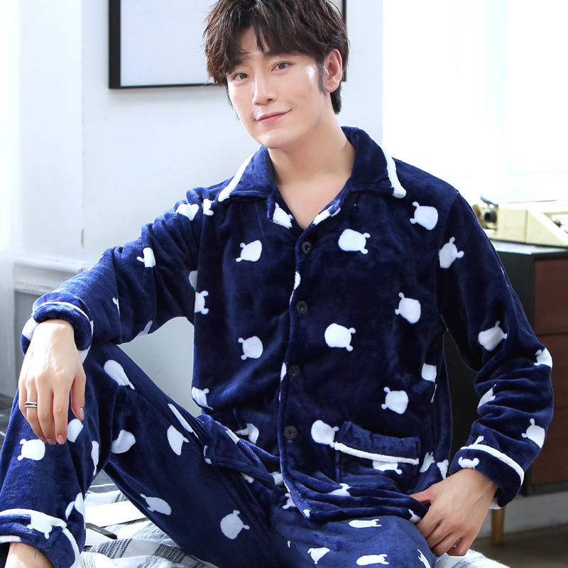 Men's Winter Pajamas Thick Coral Home Wear Long Sleeve Flannel Casual Warm Autumn And Winter Can Be Wearing Outside Suit | BigBuy360 - bigbuy360.vn