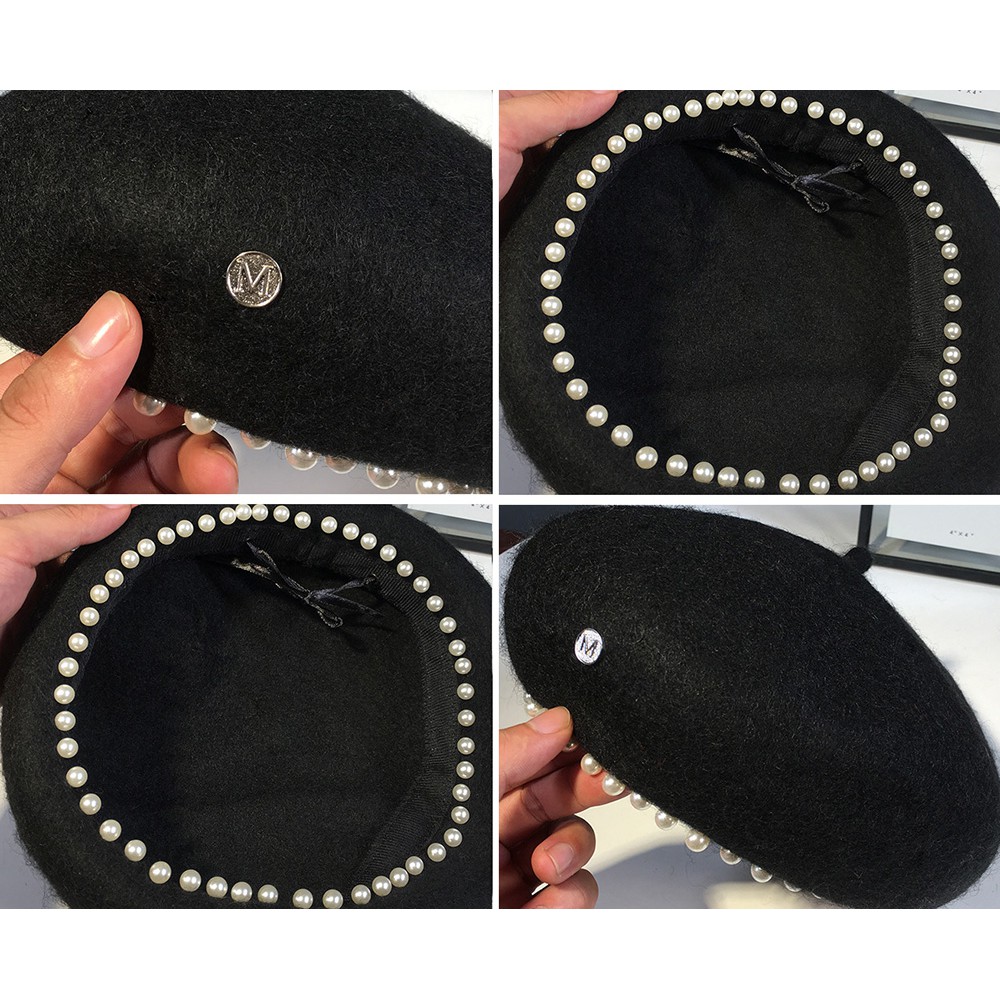 Nón Nồi Len Beret Viền Chuỗi Hạt Khuy Chữ Korea Style