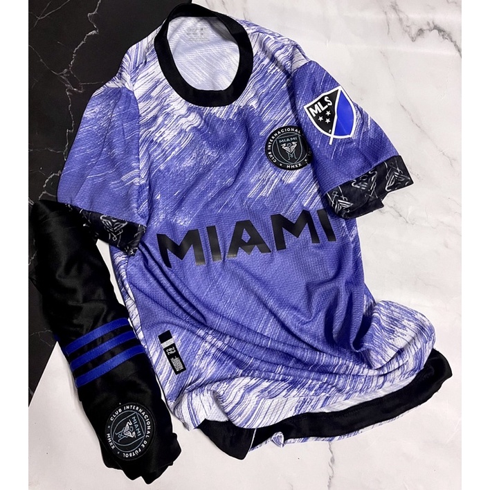 Set Bộ quần áo bóng đá thể thao nam nữ vải gai thái miami màu tím đen áo vạt đuôi tôm 2022 2023