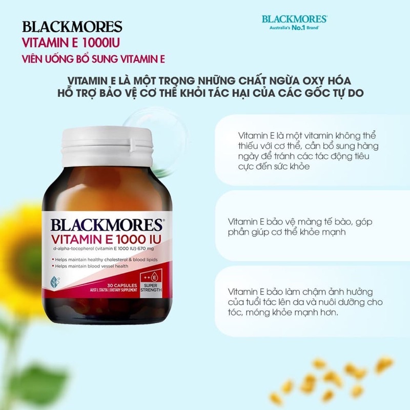 Viên uống bổ sung Vitamin E Blackmores 1000iu 30 viên - 100 viên, giúp đẹp da chống lão hoá da và bổ tim mạch