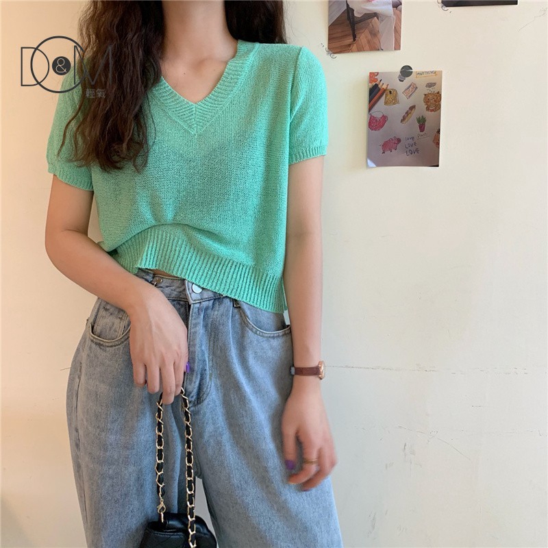 Áo Len Tay Ngắn Cổ Chữ V Màu Trơn Phong Cách Hàn Quốc | BigBuy360 - bigbuy360.vn