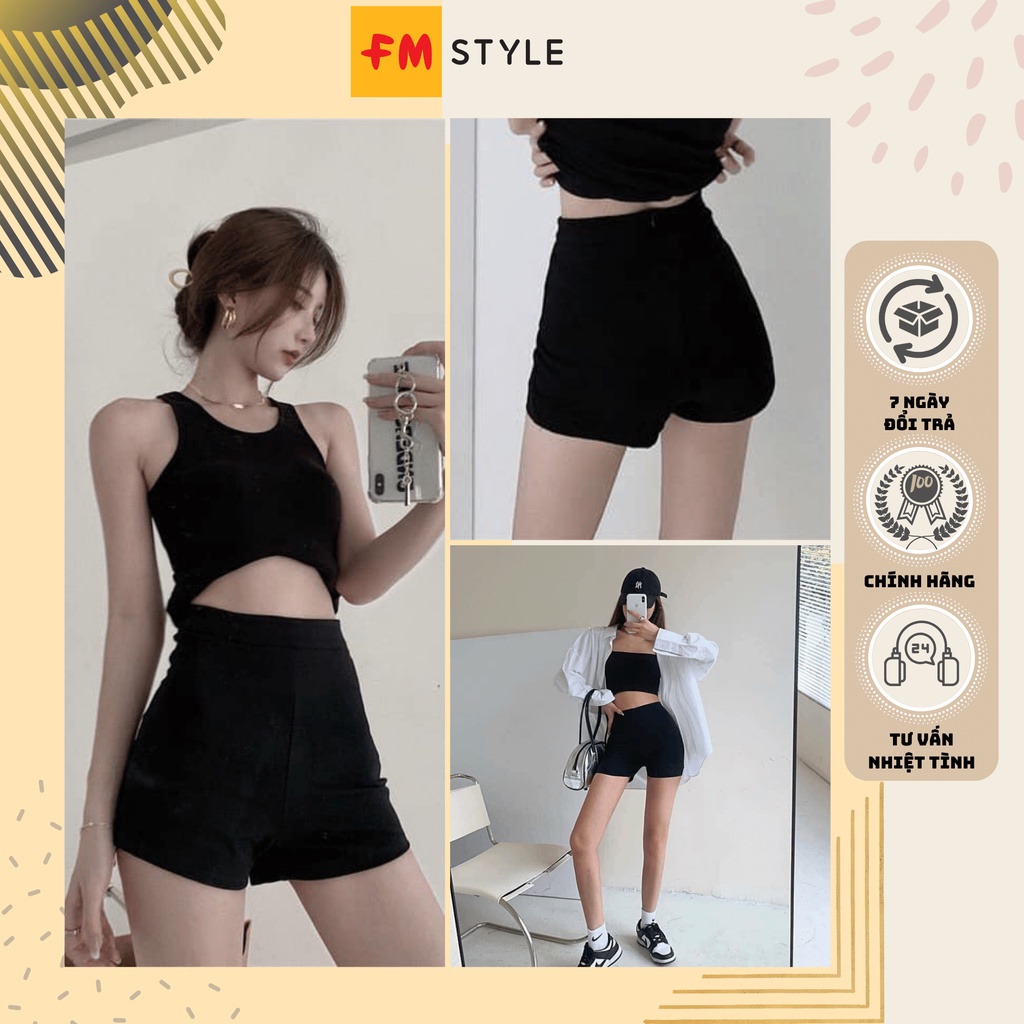 Quần đùi nữ lưng cao ôm body thun co giãn fmstyle, quần short nữ legging umy Hàn màu đen | Fmstyle S
