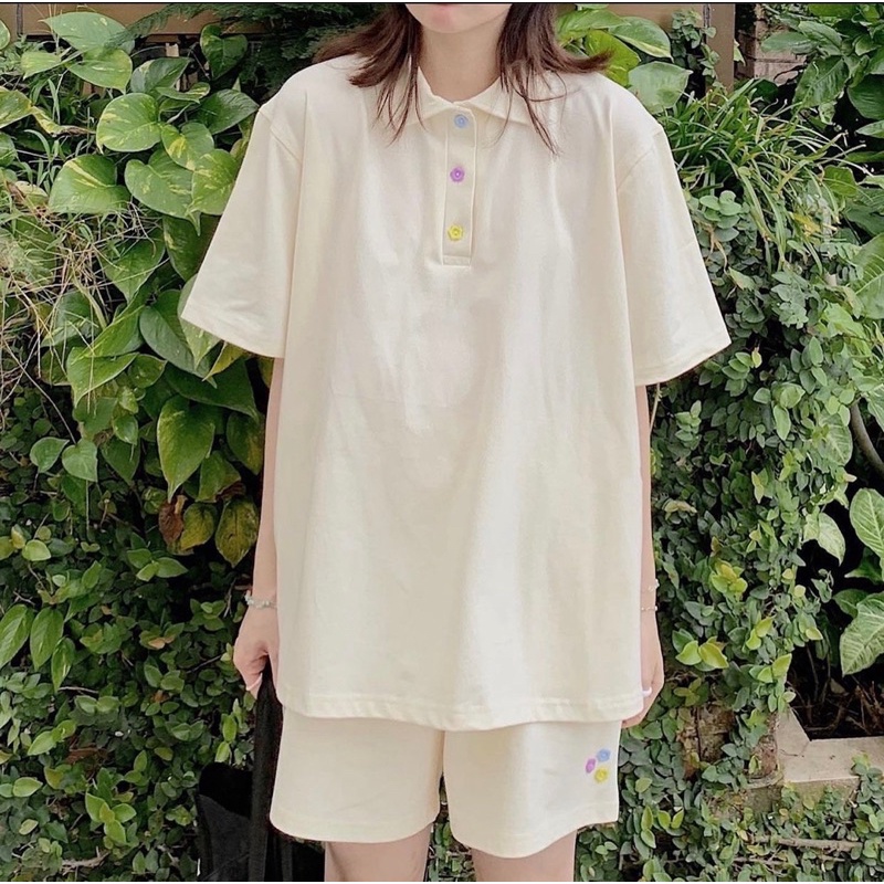 Set basic, Bộ quần áo tay lỡ màu be kem đính cúc hoa 3 màu dành cho nữ PHULA phong cách Ulzzang