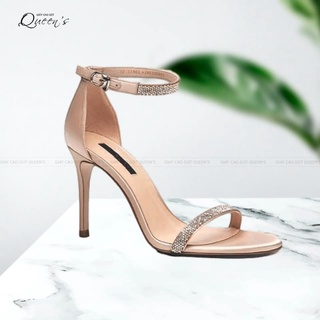Giày cao gót sandal đính đá màu da 9-11 phân, giày cao gót hở mũi đế nhọn dây mảnh đế cao, giày có quai hậu dự tiệc