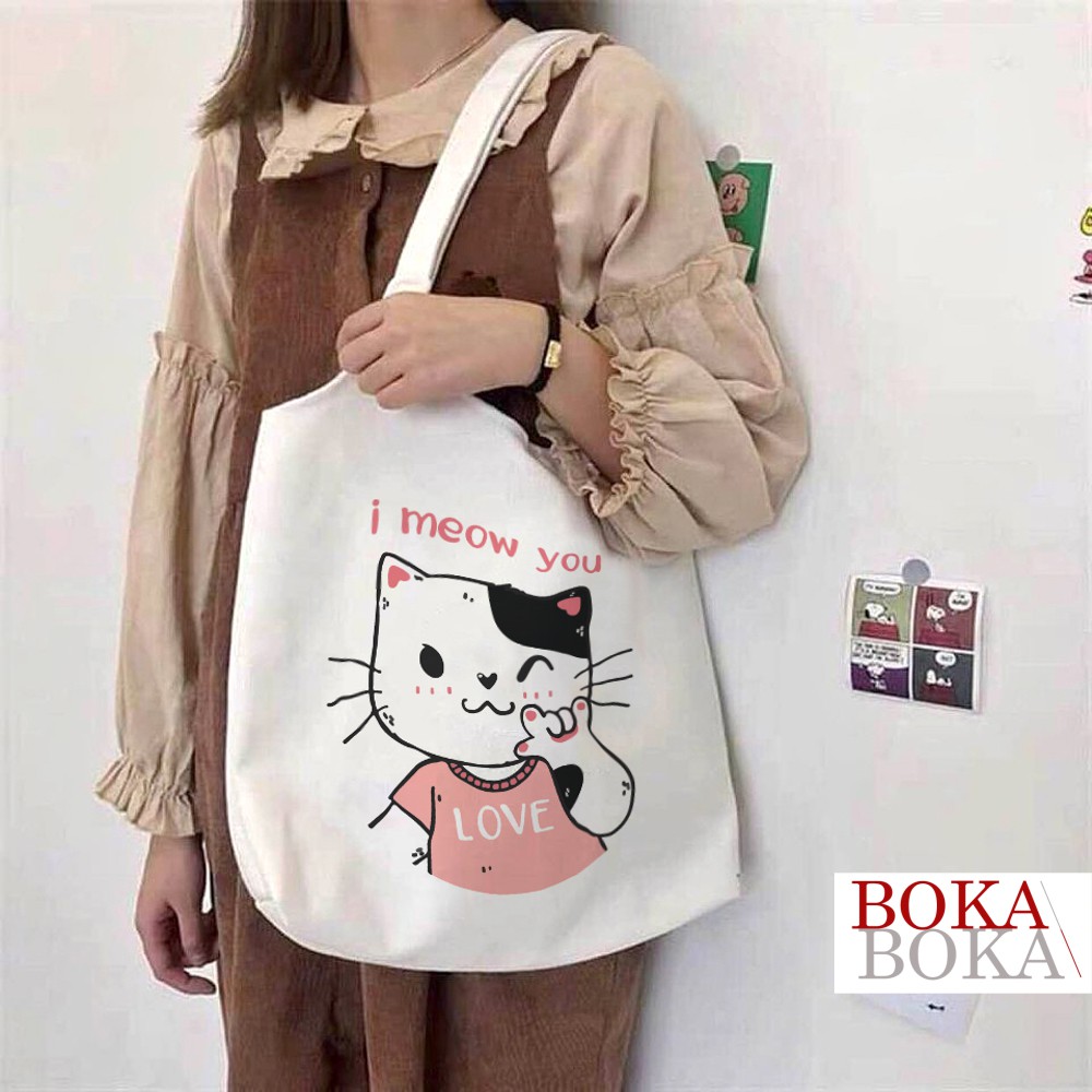 Túi Tote Vải Canvas Quai Tròn Hình Mèo Meow U Phong Cách Ulzzang (Có Khóa Kéo)