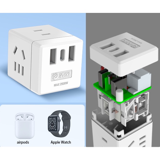 Ổ Cắm Điện Cube Đa Năng M16C, Ổ Cắm Chuyển Đổi 3 Chân Chéo, Gồm 2 Cổng Sạc USB 5V/2.4A, 1 Cổng Sạc Type C