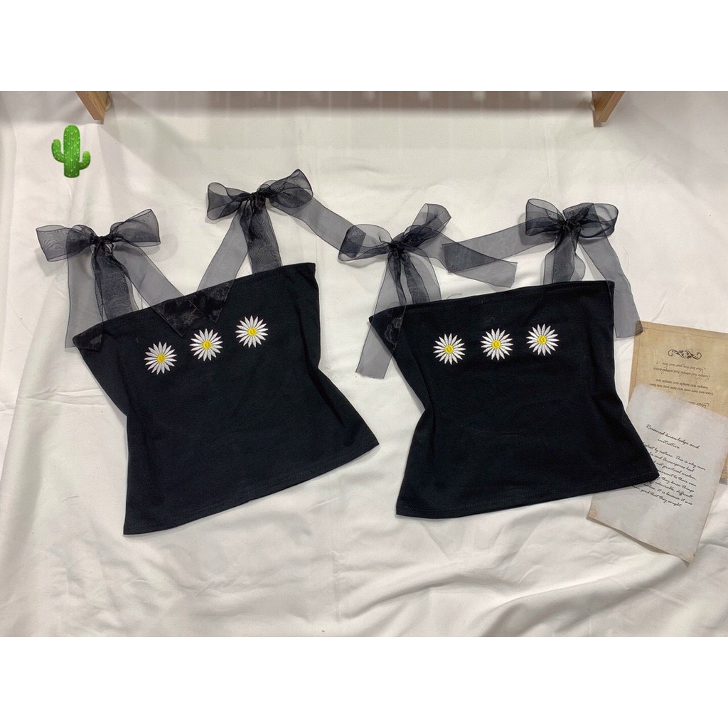 Áo 2 dây ruy băng xinh tiểu thư thêu hoa cúc pc