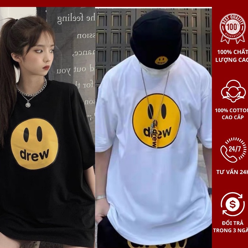 Áo Thun Tay Lỡ Drew House mặt cười, Áo Phông Form Rộng Oversize Nam Nữ Unisex, 3158 Cotton, phong cách Hàn Quốc