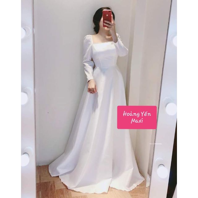 [Hàng sẵn tại Store❤️] Đầm dạ hội trắng tay dài cài đá ngôi sao, đầm cô dâu đơn giản, đầm trắng dài - Chuẩn ảnh