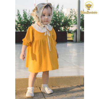 [ẢNH THẬT] Đầm bé gái cổ sen tay lỡ vải đũi vàng thân thiện trẻ em (vải tốt - may kĩ)